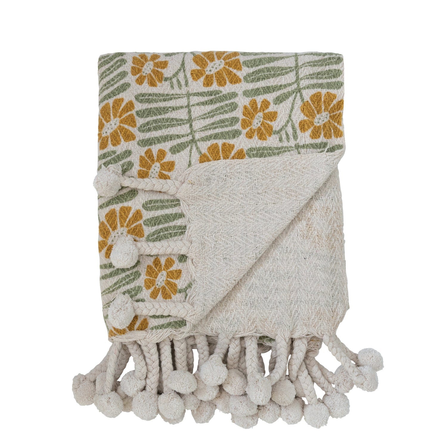 Creative Co-Op Creative Co-Op Woven Recycled Cotton Blend Printed Throw w/ Flowers & Braided Pom Pom Tassels - Little Miss Muffin Children & Home