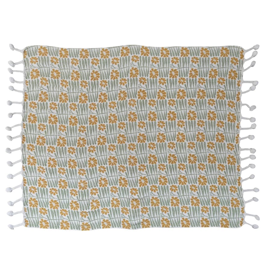 Creative Co-Op Woven Recycled Cotton Blend Printed Throw with Flowers & Braided Pom Pom Tassels 