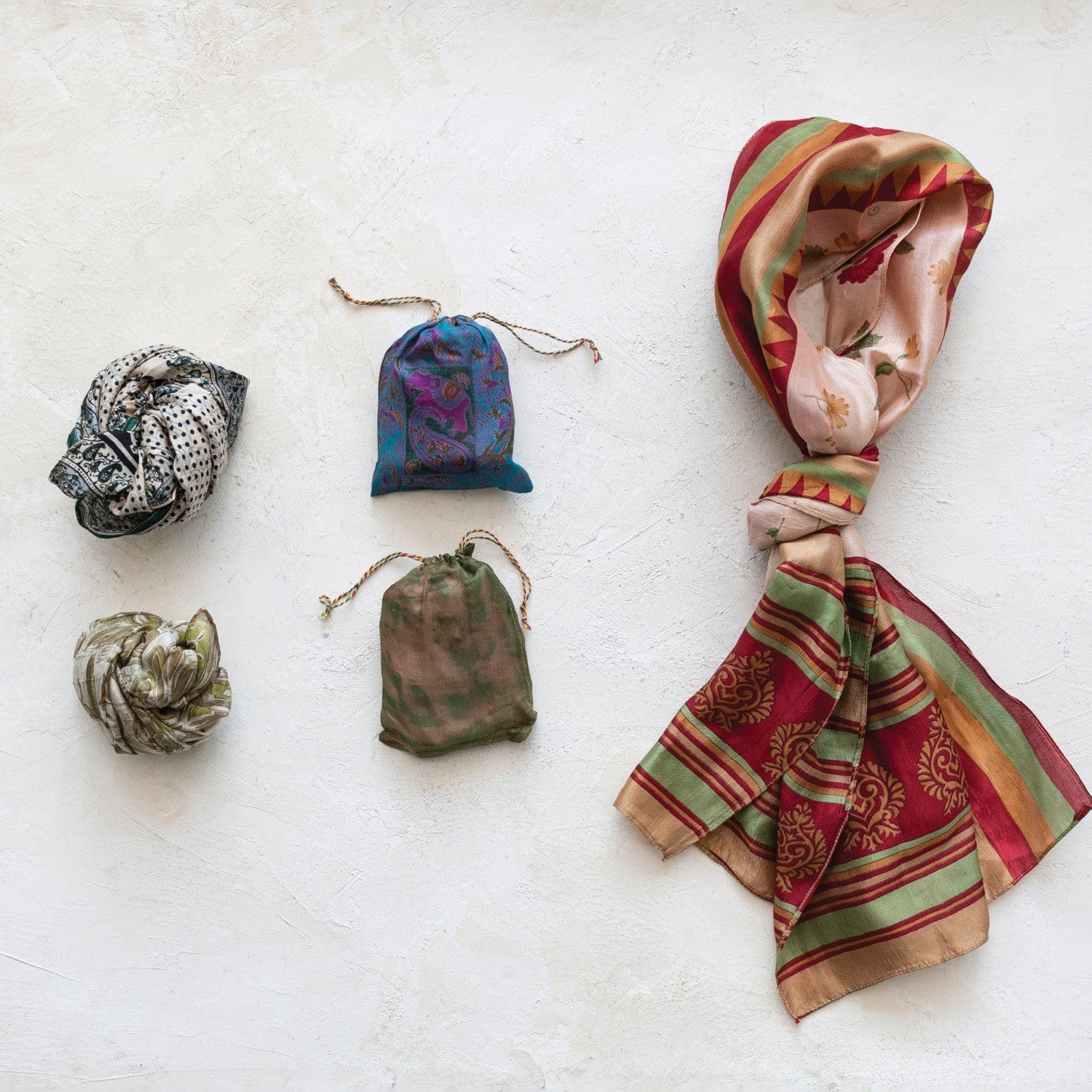 Creative Co-Op Found Vintage Silk Sari Scarf in Printed Drawstring Bag