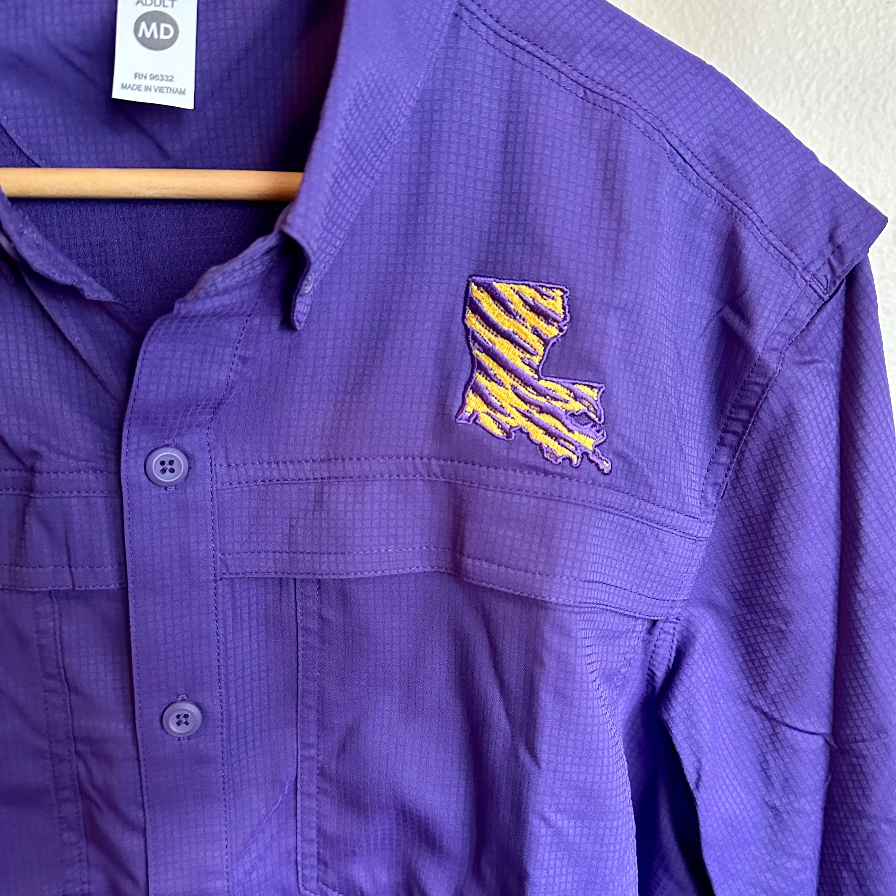 WHEREable Art La Tiger Stripe Fishing Shirt Purple / XL