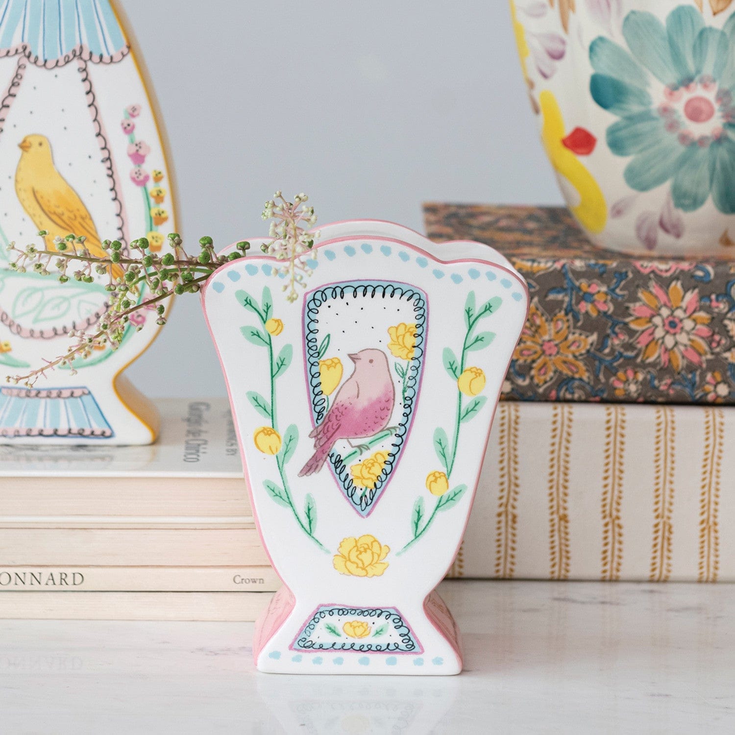 Creative Co-Op Creative Co-Op Ceramic Fan Shaped Vase with  Birds - Little Miss Muffin Children & Home