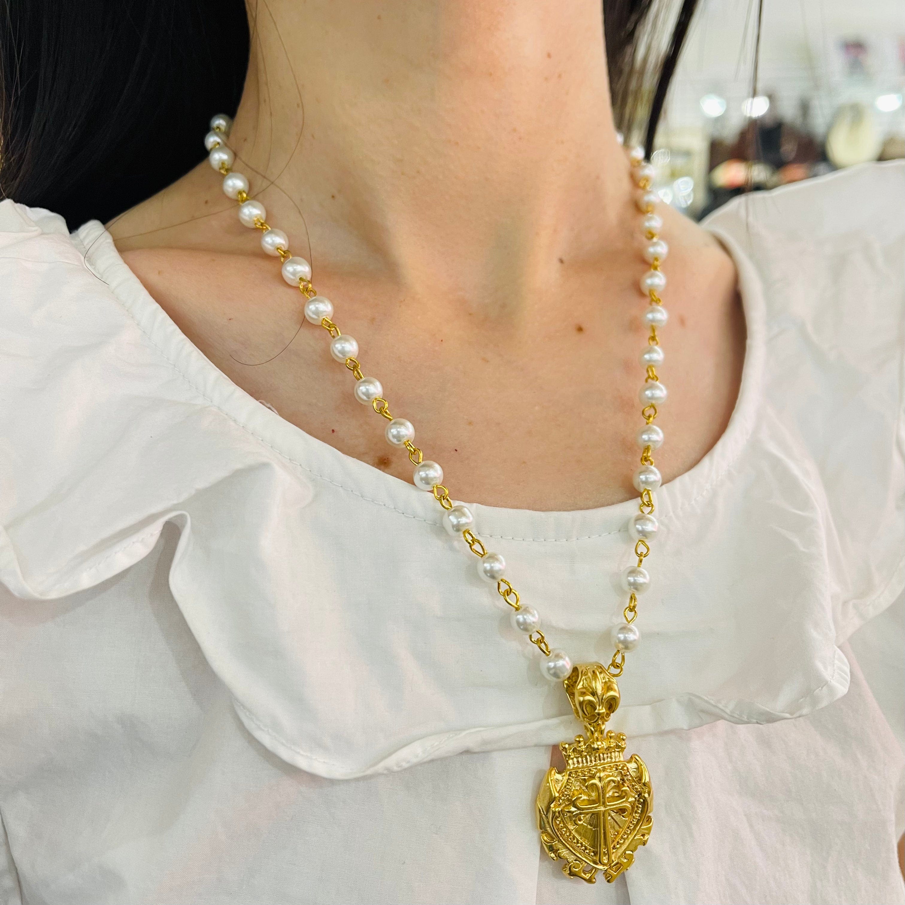 Weisinger Designs Weisinger Designs Pearl Rosary with Fleur de Lis Cross Pendant - Little Miss Muffin Children & Home