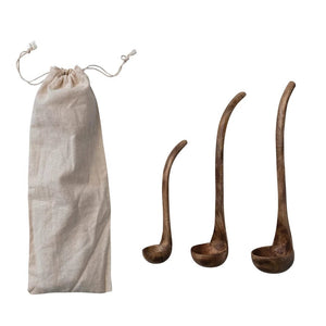 Creative Co-Op Mango Wood Ladles, Set of 3 in Printed Drawstring Bag 