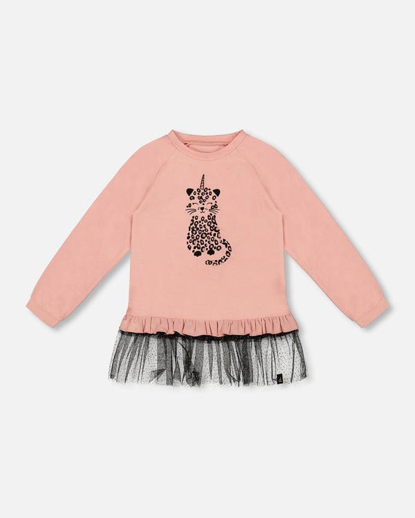 pink long sleeve top with tulle and a cat
