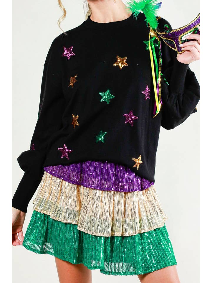 black mardi gras sequin stars sweater