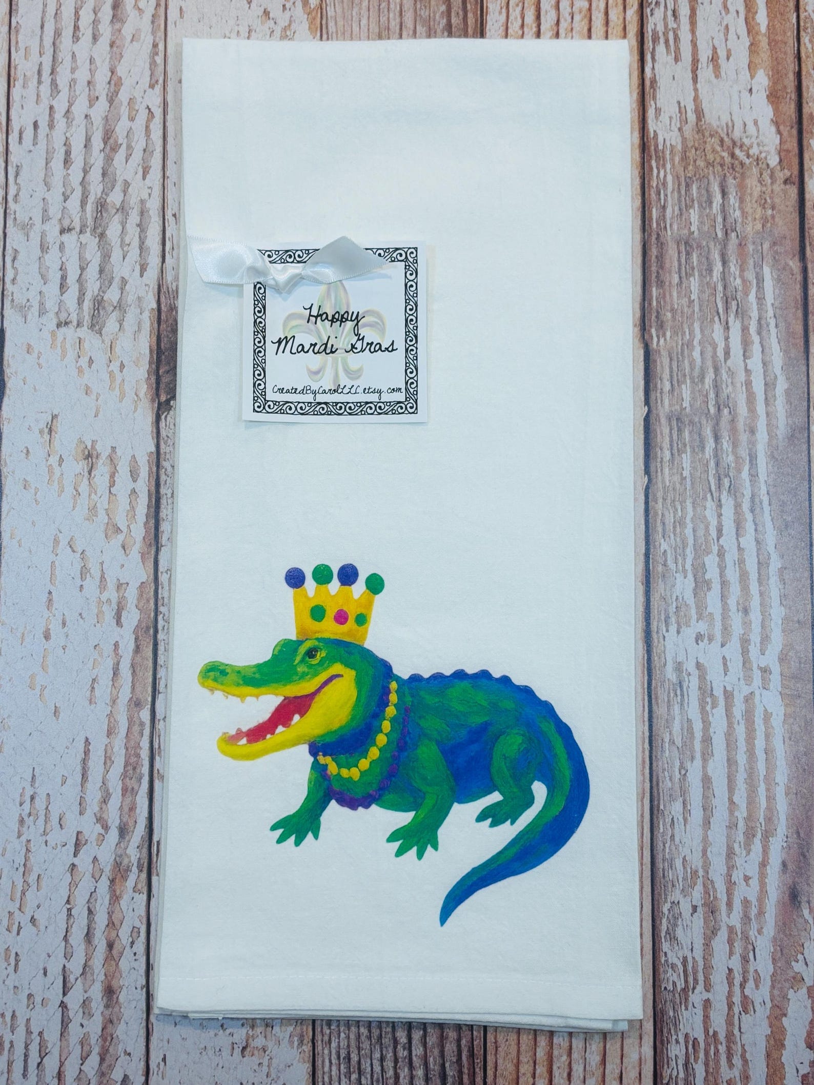 mardi gras gator kitchen tea towel