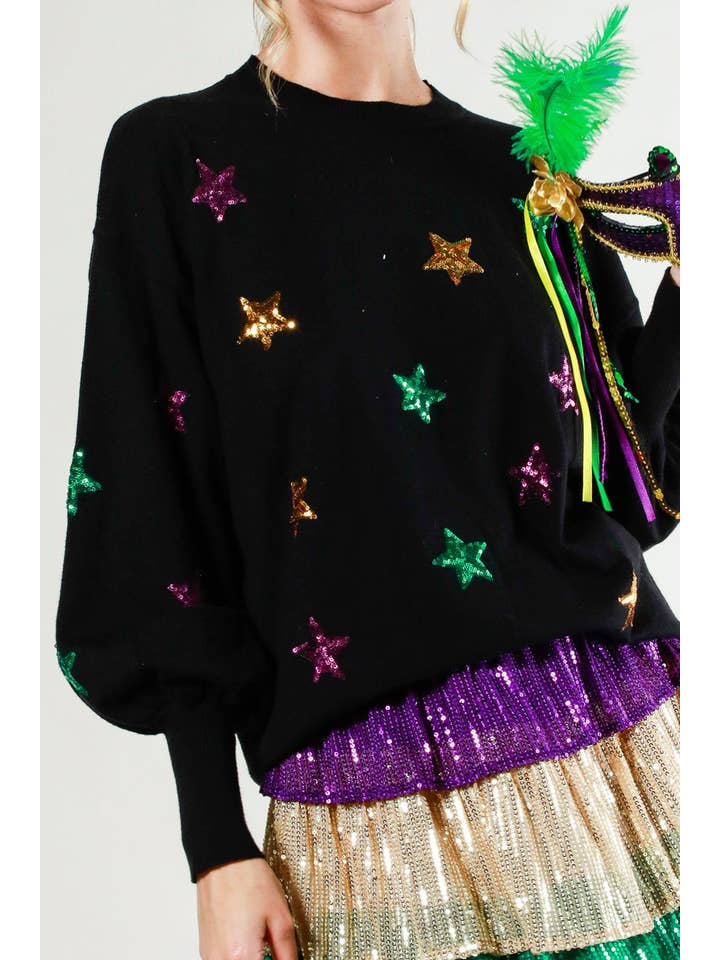 mardi gras black sequin stars sweater