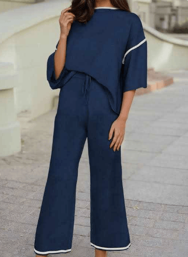 Contrast Trim Top & Wide Leg Pants Sweater Set