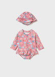 Newborn Ruffled Long Sleeve Swim Suit with Hat in Terracotta