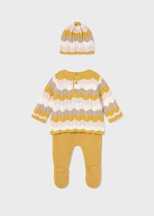 3 piece baby knit set with hat and a striped sweater
