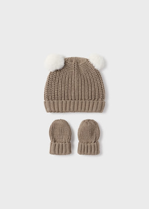 Mayoral Usa Inc Mayoral Tricot Pom Pom Hat and Mittens Set in Heather Tiramisu for Baby - Little Miss Muffin Children & Home