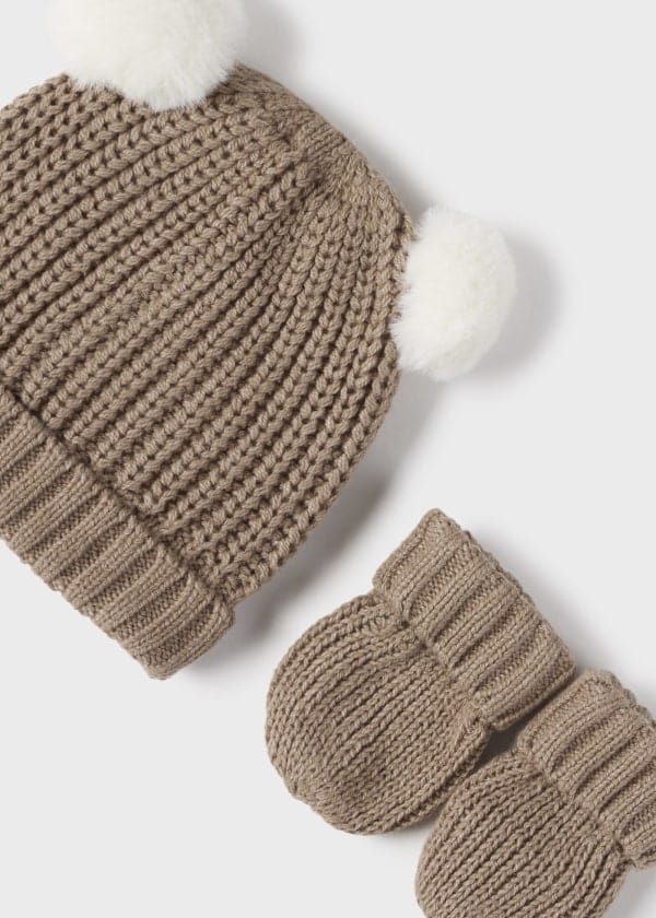 Mayoral Usa Inc Mayoral Tricot Pom Pom Hat and Mittens Set in Heather Tiramisu for Baby - Little Miss Muffin Children & Home