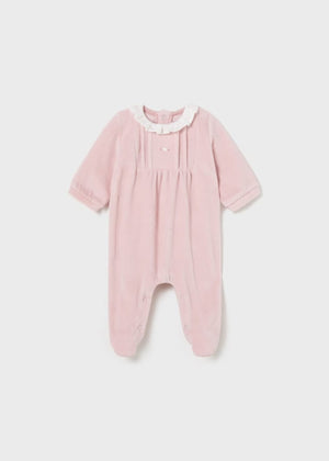 Mayoral Velour One-Piece Long Romper with Collar in Baby Pink