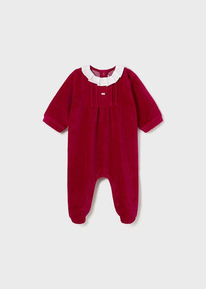 Mayoral Velour One-Piece Long Romper with Collar in Red