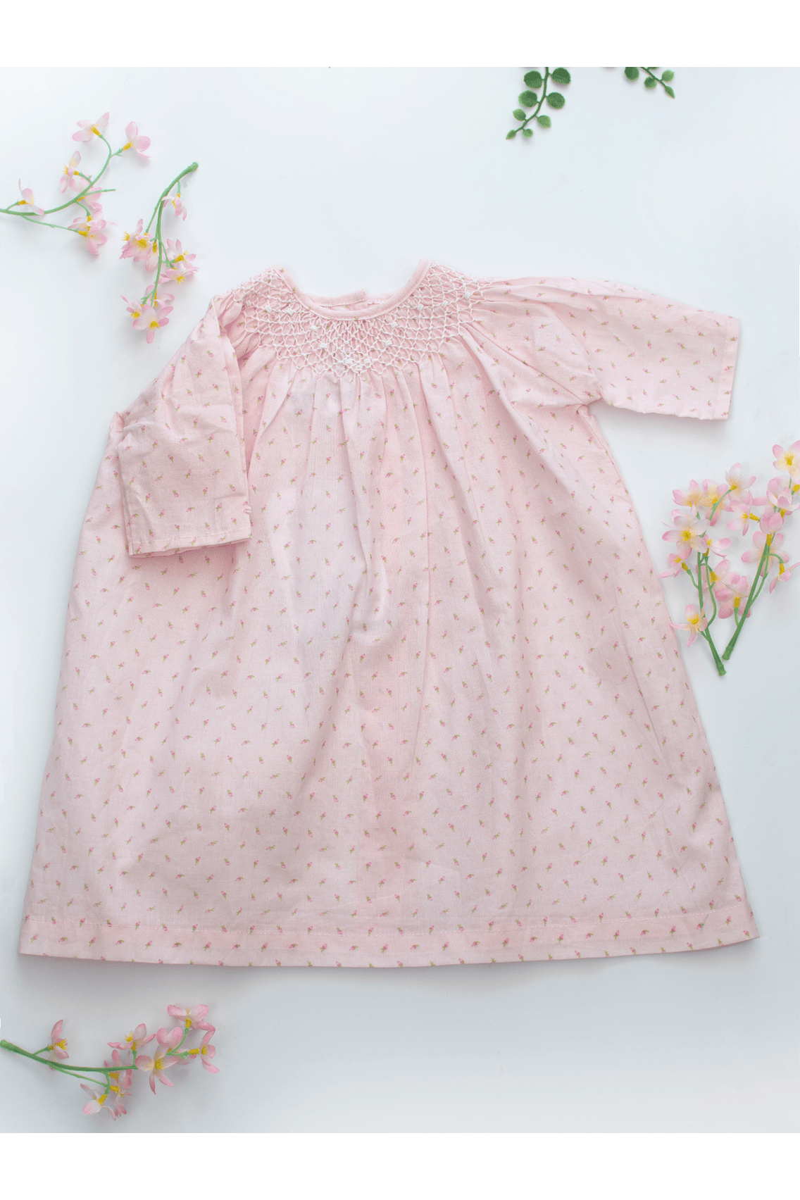Pink Rosebud Print Dress with Bonnet