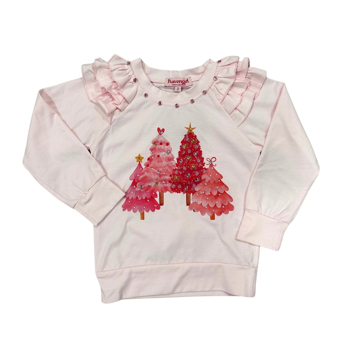 girls pink ruffle long sleeve with sparkle christmas trees