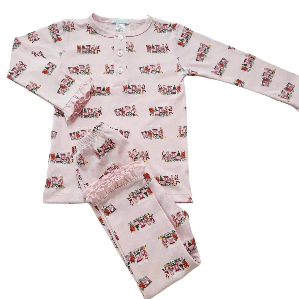 Lulu Bebe Lulu Bebe Pink Christmas Train Pima Long Sleeve Girl 2pc PJ - Little Miss Muffin Children & Home