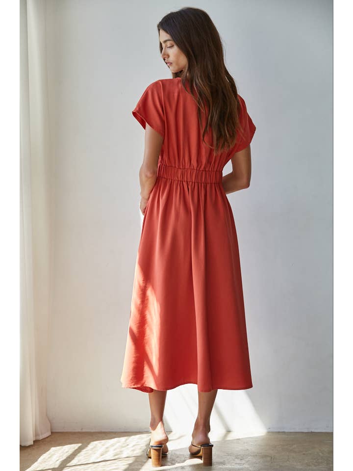 pleated midi dress with cap sleeves