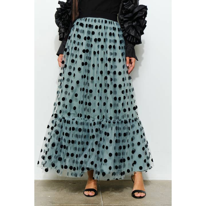 black and sage polka dot maxi skirt