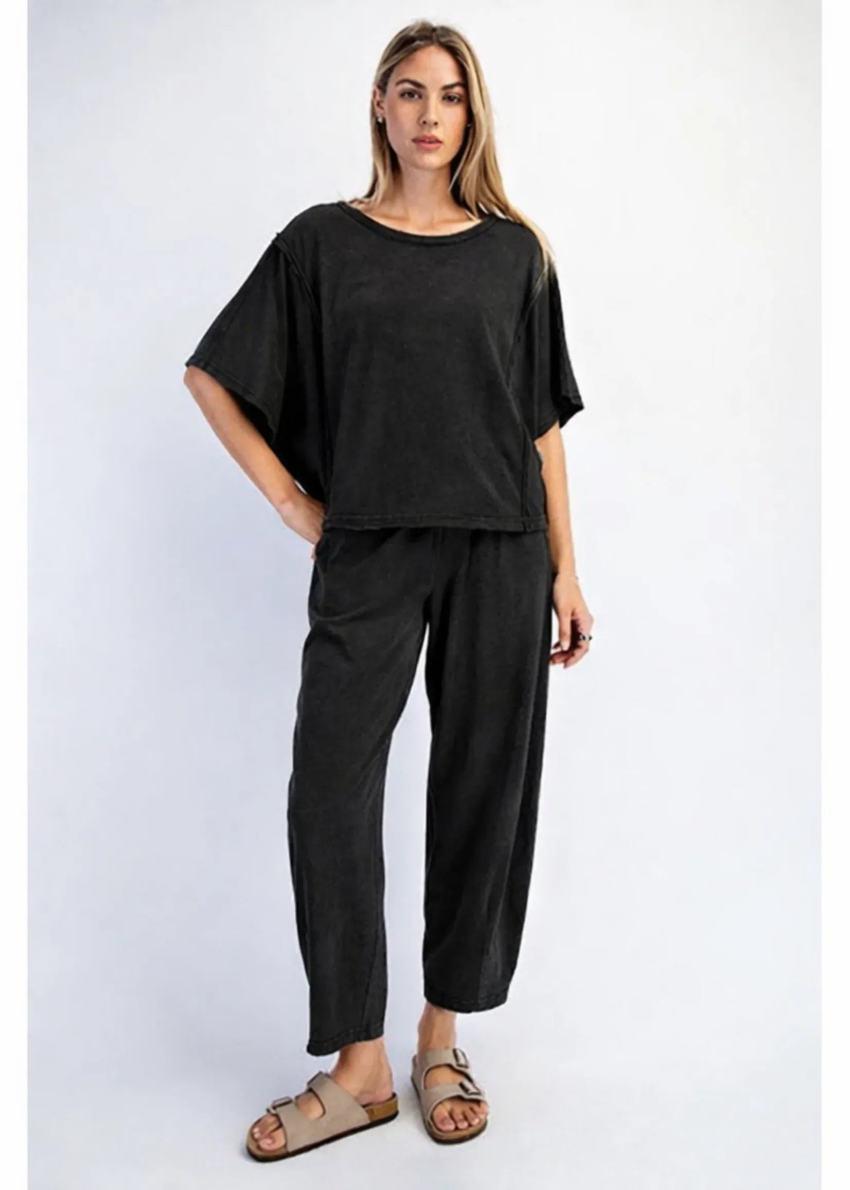 Mineral Washed Boxy Top & Barrel Pant Set in Black