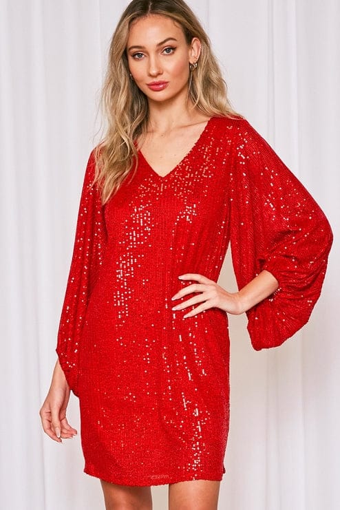 red V-Neck Balloon Sleeves Sequin Detail Mini Dress
