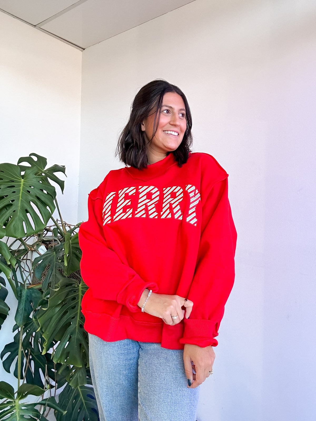 red oversized merry sweater with mock neck