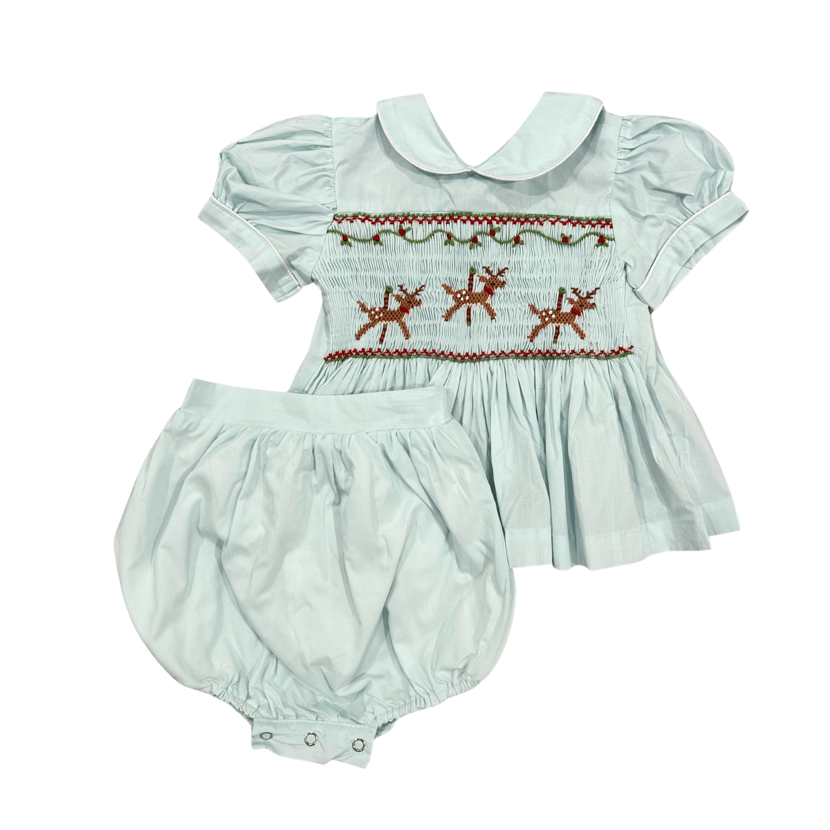 blue smocked top and bloomer reindeer set