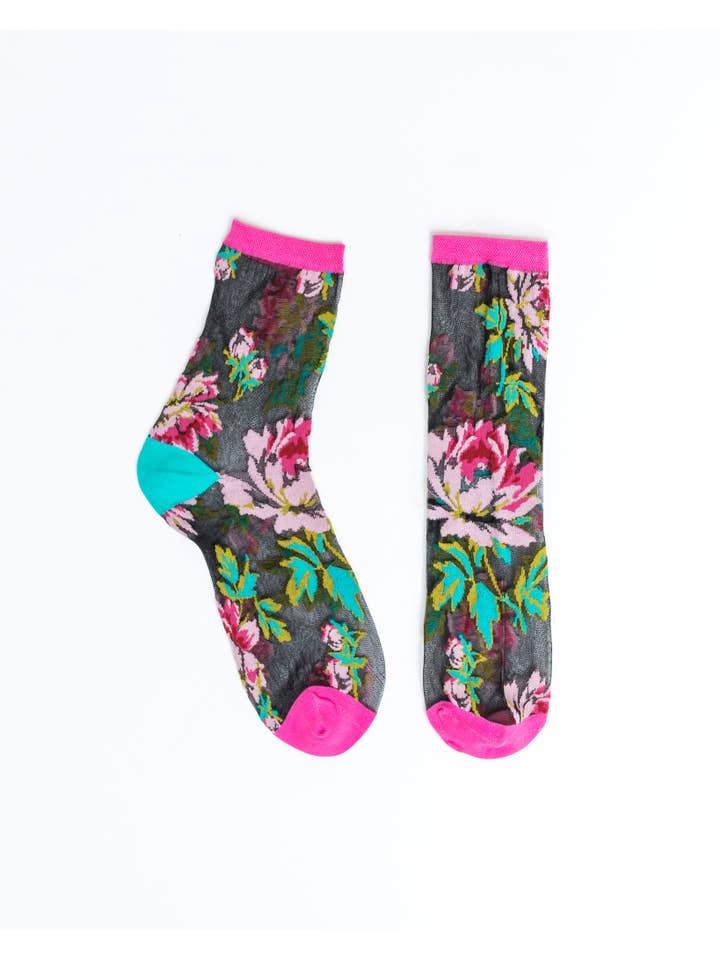 English Rose Black Sheer Crew Sock