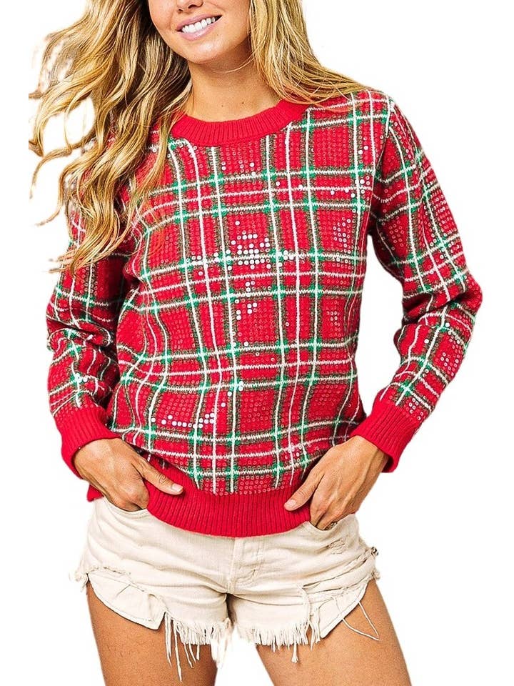 red and green sequin plaid sweater