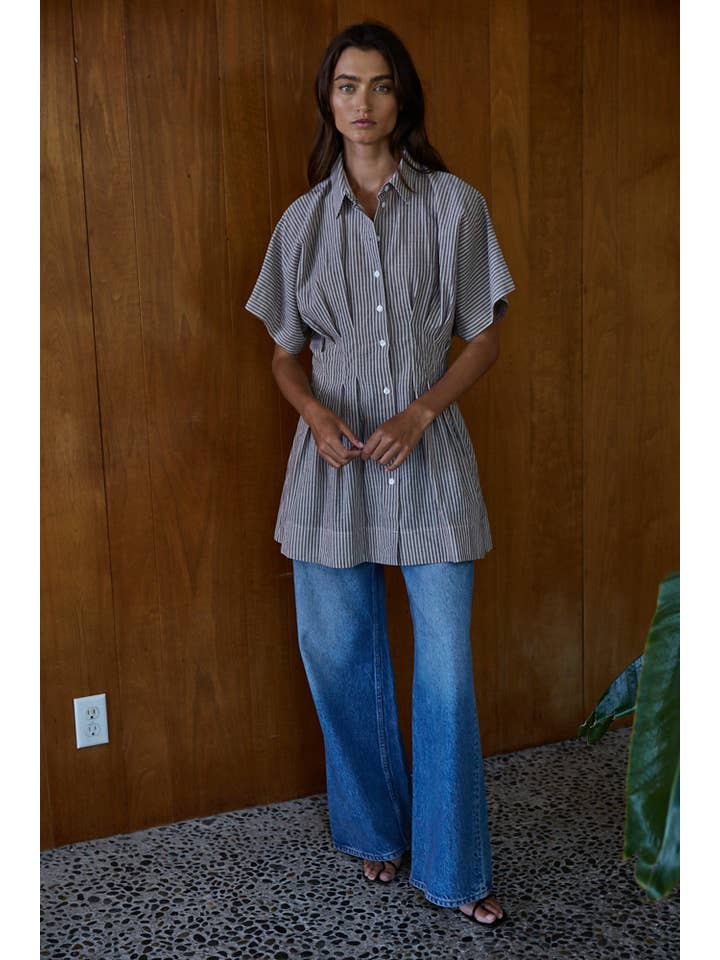 striped cotton shirt dress worn with pants