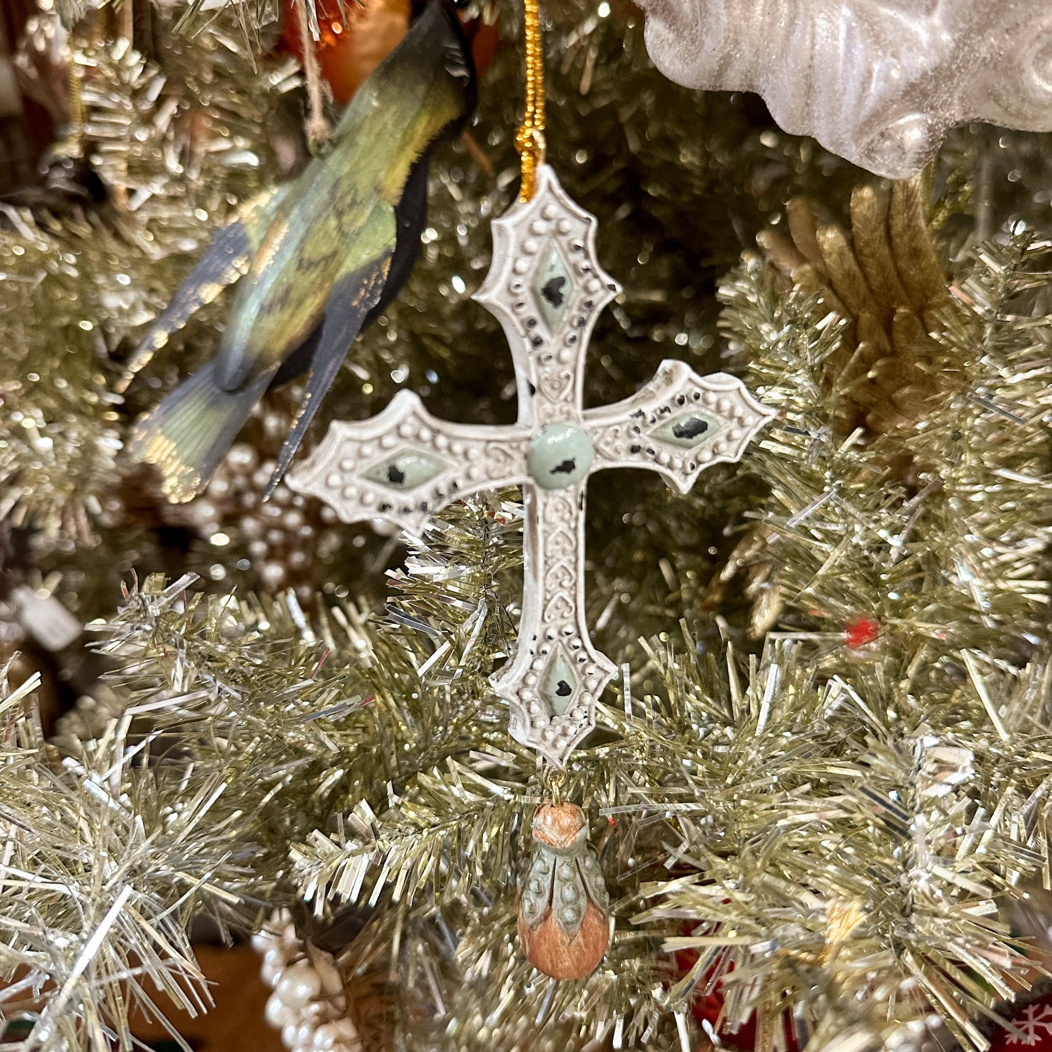 silver blue cross ornament
