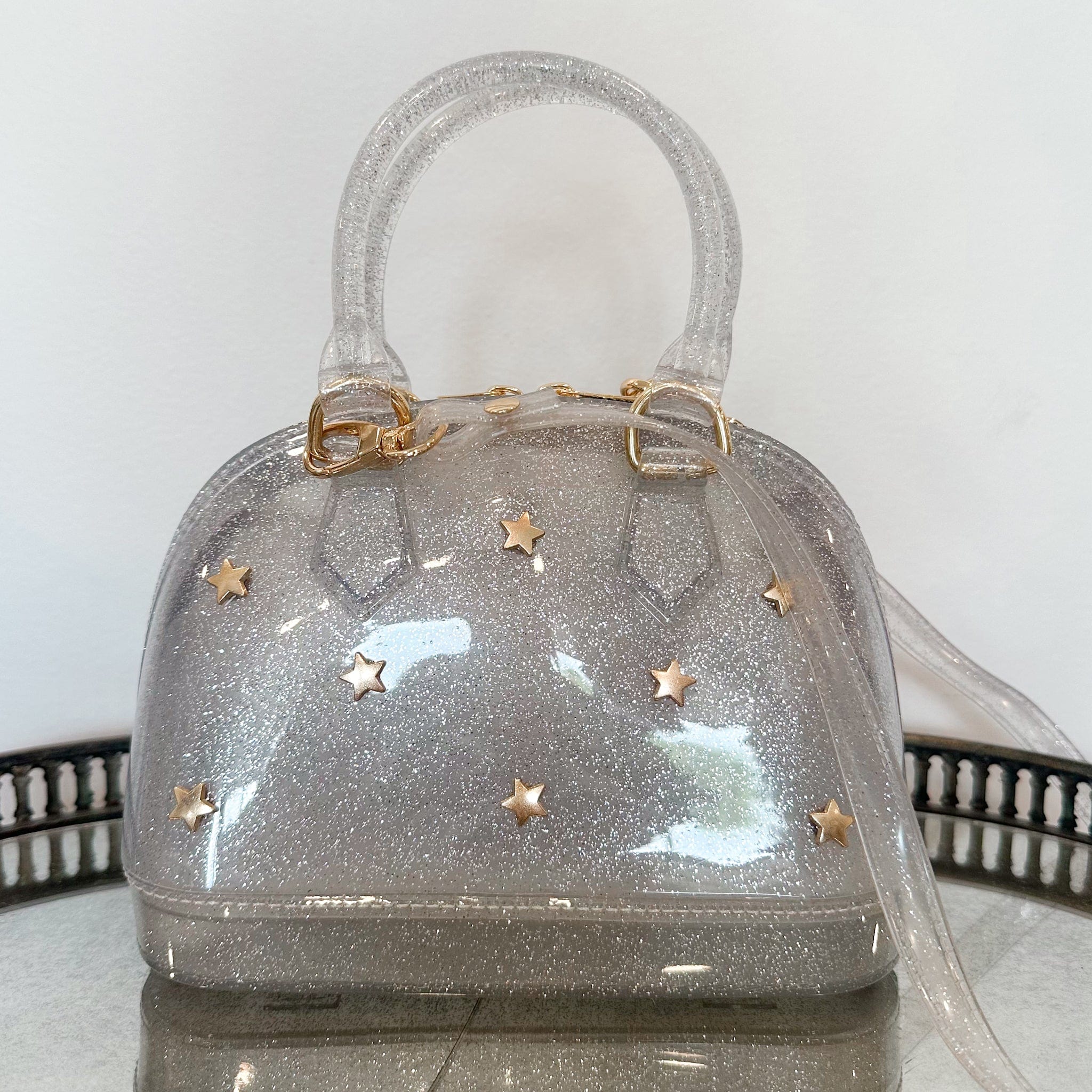 girls silver sparkle purse with gold stars