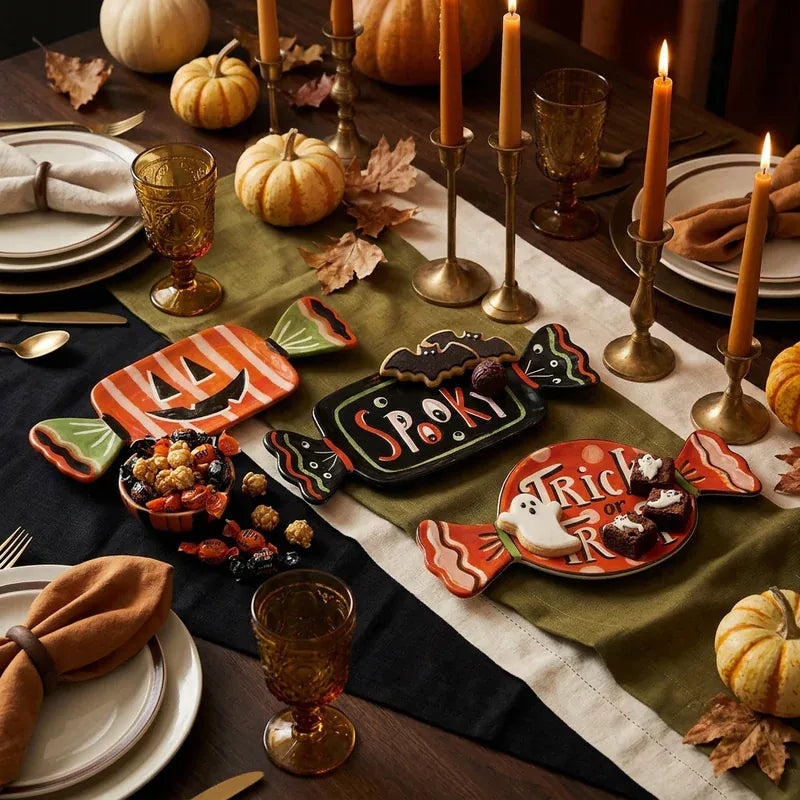 Stoneware Candy Shaped Platter with Halloween Saying/Design, 3 Styles Available