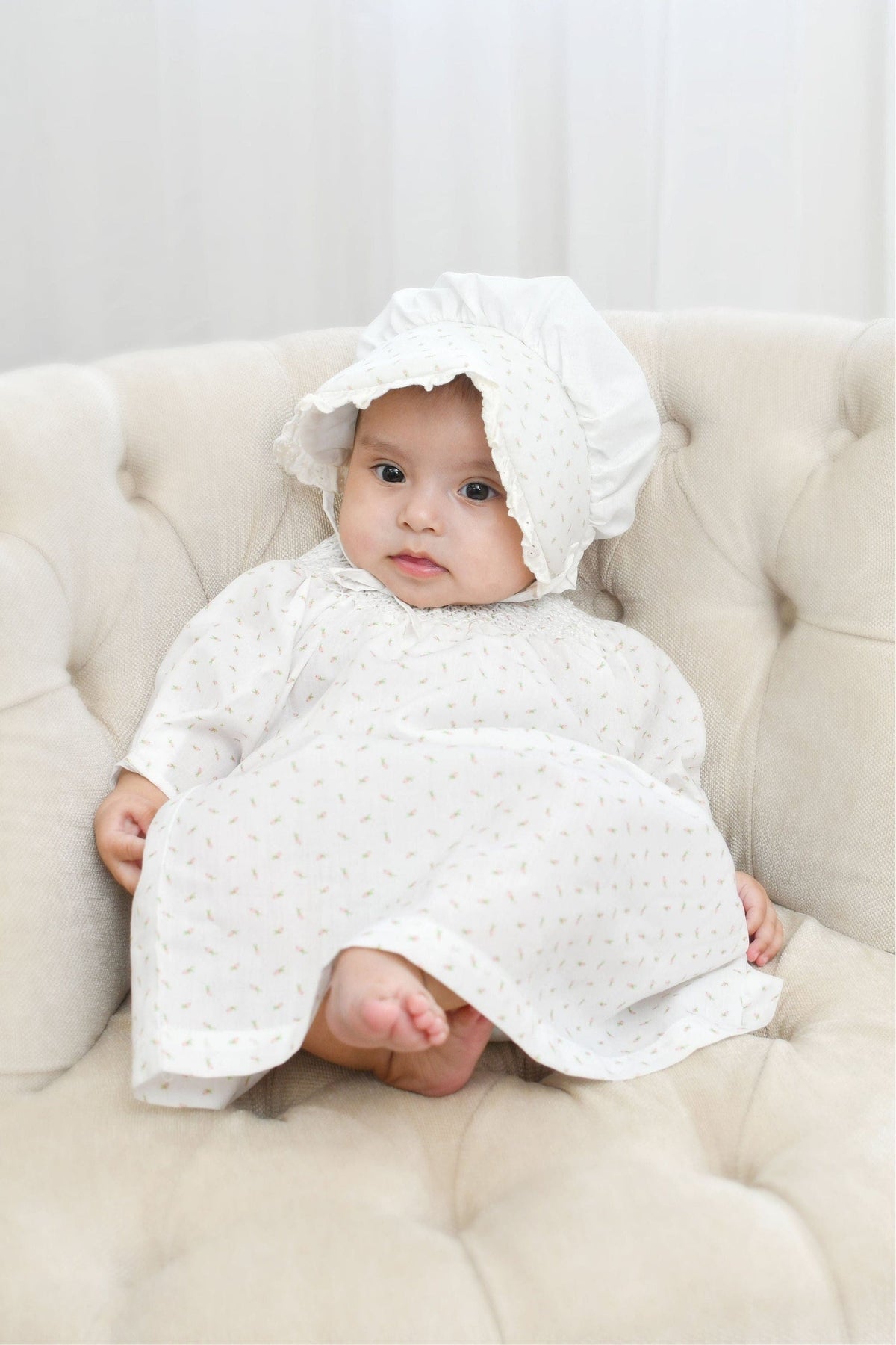white rosebud gown dress with bonnet