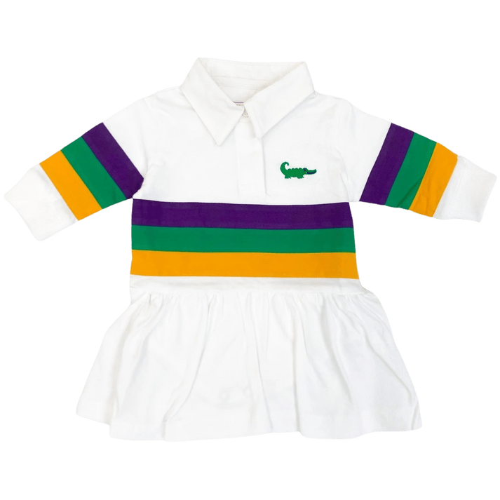 Long Sleeve Mardi Gras Rugby Drop Waist Penny Dress White/MG Stripe / 24M