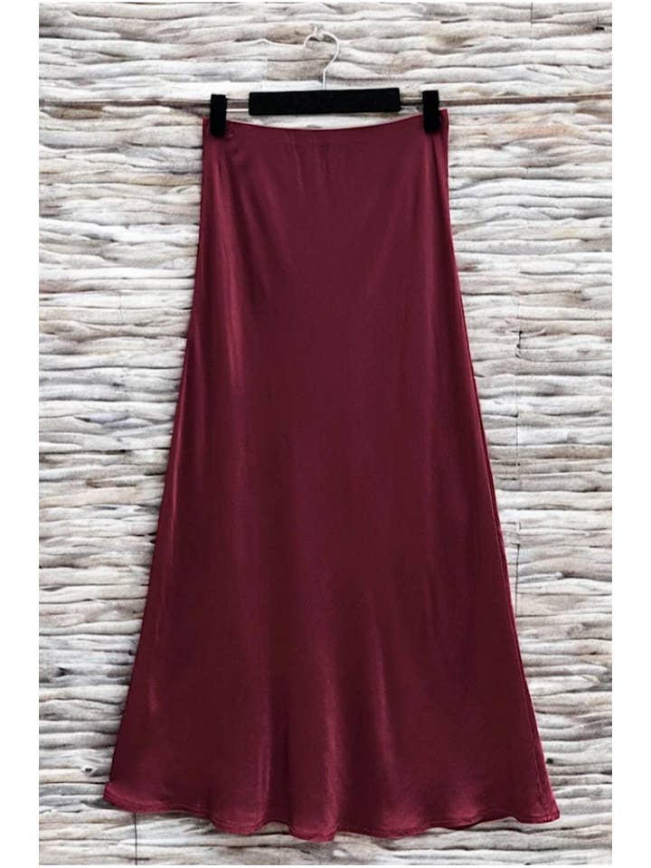 wine Italian Viscose Satin Bias Cut Midi Skirt