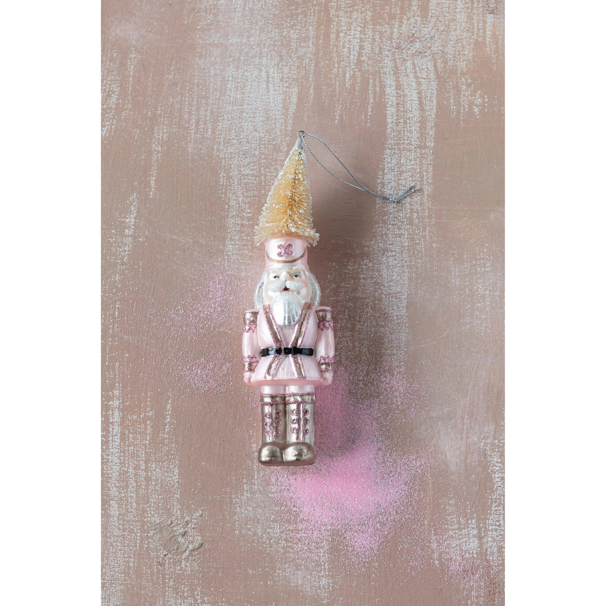 Creative Co-Op Creative Co-op Hand-Painted Pink Glitter Glass Soldier Ornament with Bottle Brush Hat - Little Miss Muffin Children & Home