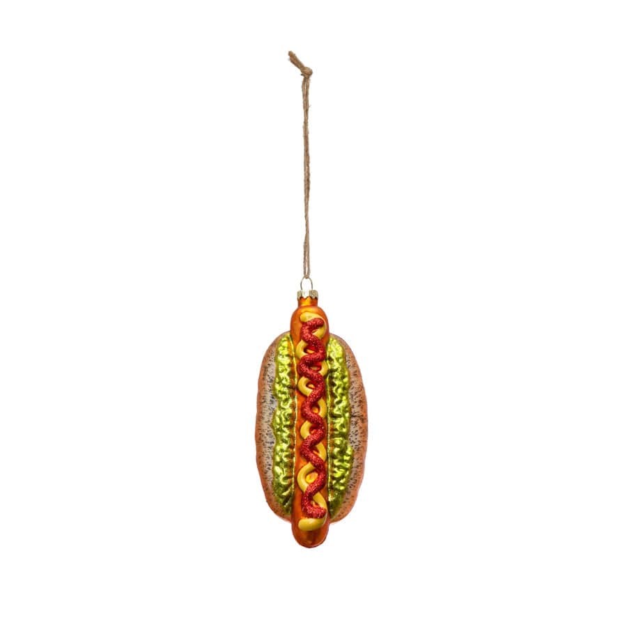 Creative Co-Op Creative Co-op Hand-Painted Glass Hot Dog Ornament with Glitter - Little Miss Muffin Children & Home