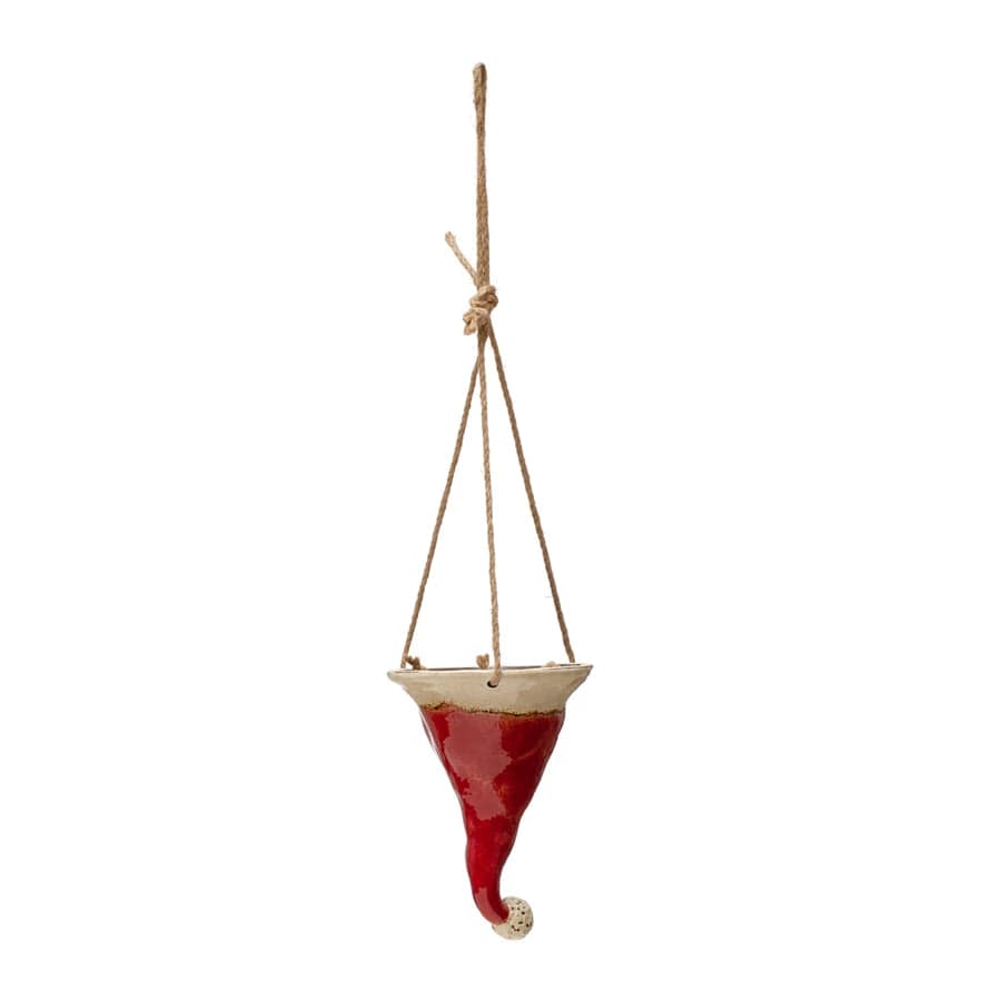 Creative Co-op Creative Co-op 7.5"H Hand-Painted Stoneware Hanging Santa Hat Planter with Jute Rope - Little Miss Muffin Children & Home