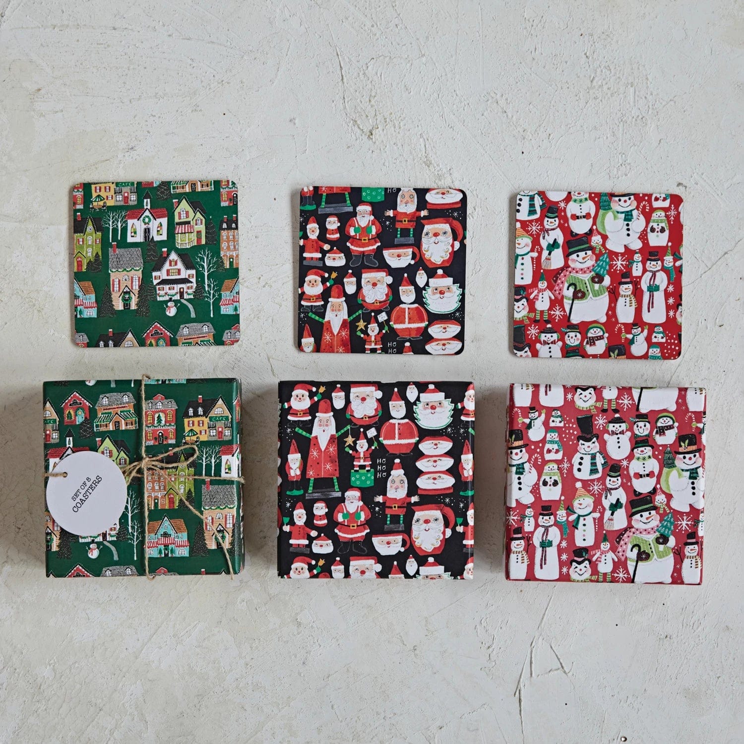 Creative Co-Op Creative Co-op Recycled Paper & Cardboard Set of 8 Coasters with Holiday Patterns - Little Miss Muffin Children & Home