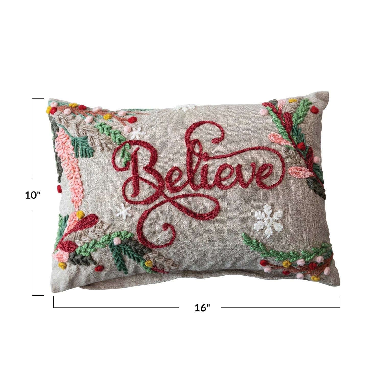 Creative Co-Op Creative Co-op Cotton Chambray "Believe" Lumbar Pillow with Embroidered Snowflakes & Foliage - Little Miss Muffin Children & Home