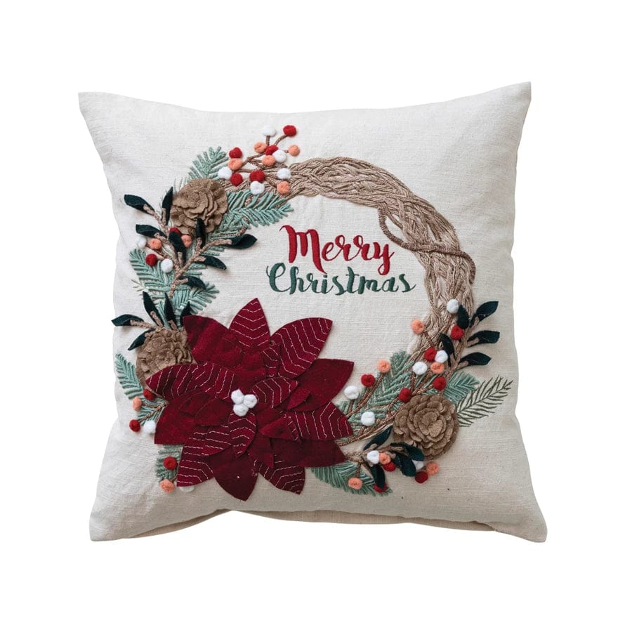 Creative Co-op Creative Co-op 18" Square Cotton Pillow with Wreath, Applique & Embroidery "Merry Christmas", Multi Color - Little Miss Muffin Children & Home