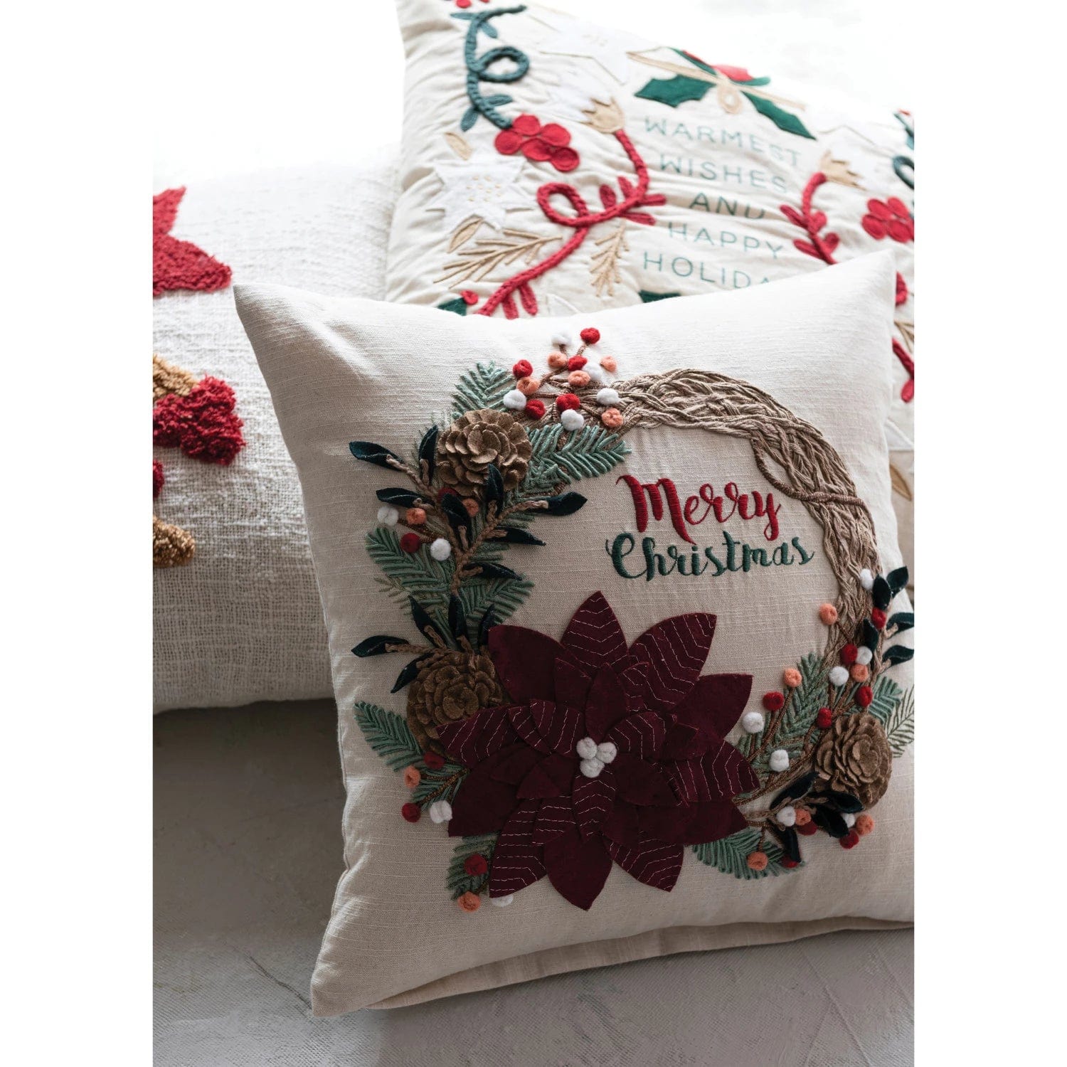 Creative Co-op Creative Co-op 18" Square Cotton Pillow with Wreath, Applique & Embroidery "Merry Christmas", Multi Color - Little Miss Muffin Children & Home