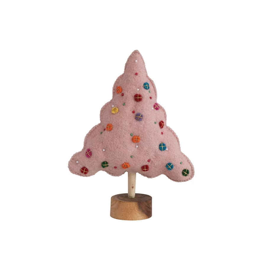 Creative Co-Op Creative Co-op Handmade Beaded Wool Felt Tree with Applique, Embroidery & Wood Base - Little Miss Muffin Children & Home