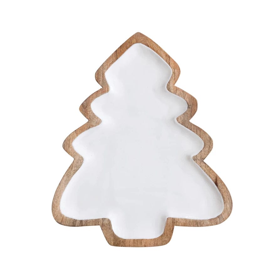 Creative Co-op Creative Co-op Mango Wood Christmas Tree Shaped Tray, White & Natural 12"l x14.5"h x1"w - Little Miss Muffin Children & Home