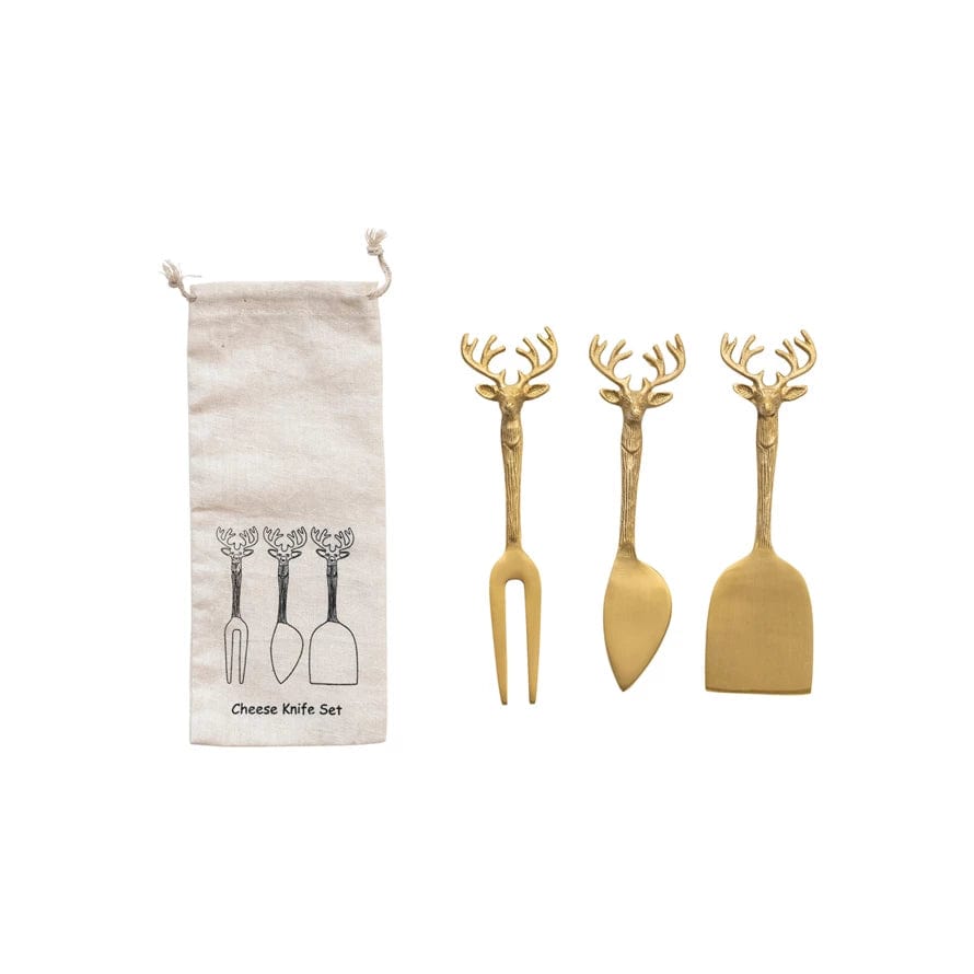 Creative Co-op Creative Co-op Brass Cheese Knives with Reindeer Handles, Set of 3 in Printed Drawstring Bag - Little Miss Muffin Children & Home