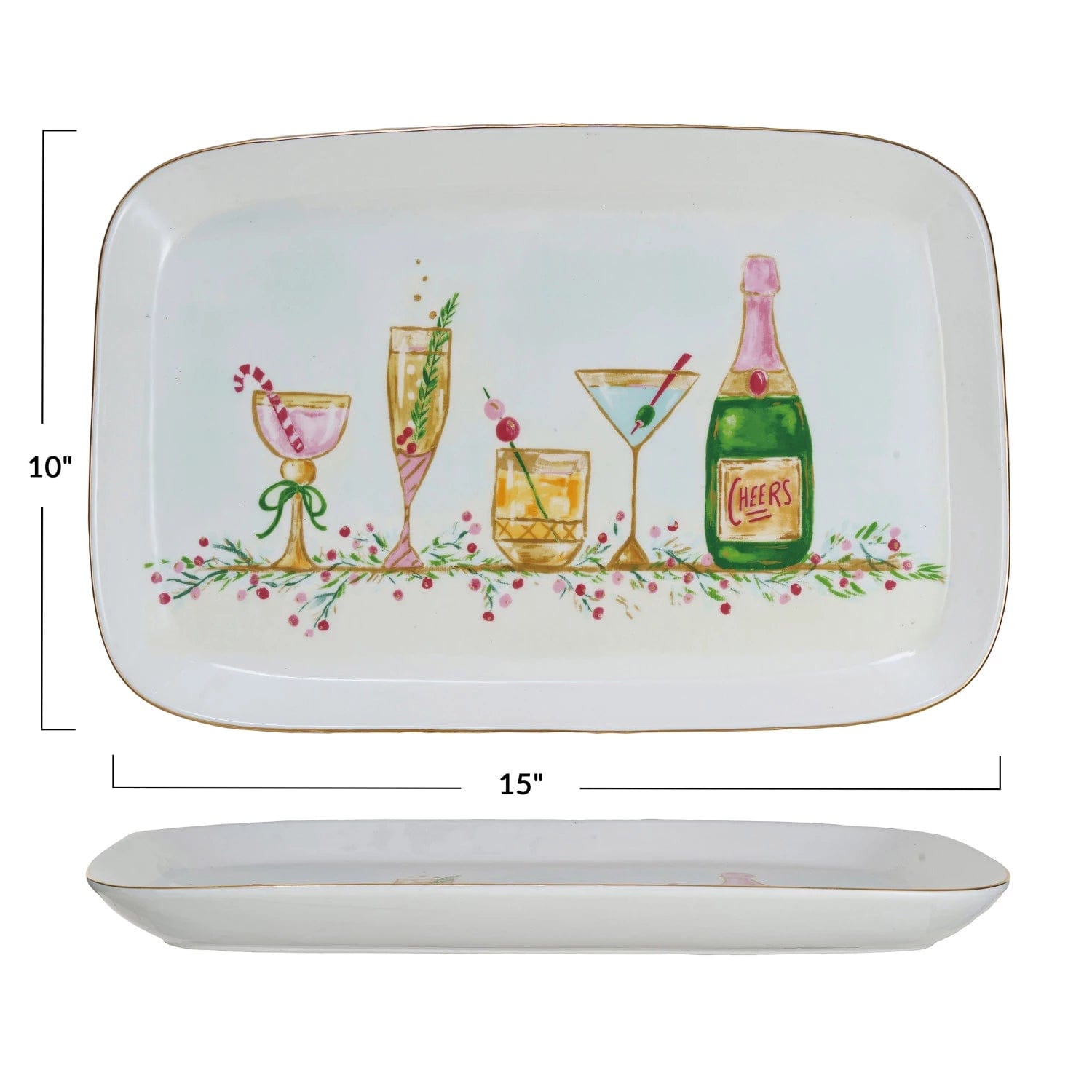 Creative Co-op Creative Co-op Stoneware Platter with Holiday Cocktails & Gold Electroplating - Little Miss Muffin Children & Home