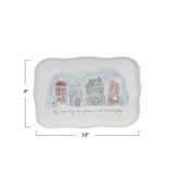 Creative Co-op Stoneware Platter with Village Christmas Scene & Gold Electroplating