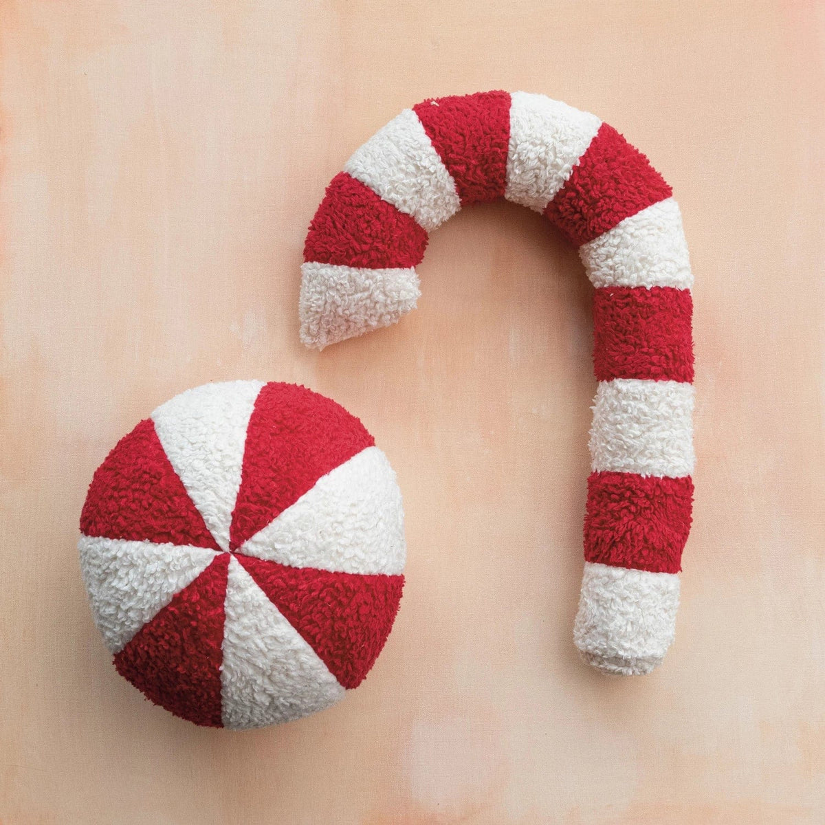 Creative Co-op Creative Co-op 22"L x 13"W Cotton Faux Sherpa Candy Cane Shaped Pillow, Red & White - Little Miss Muffin Children & Home
