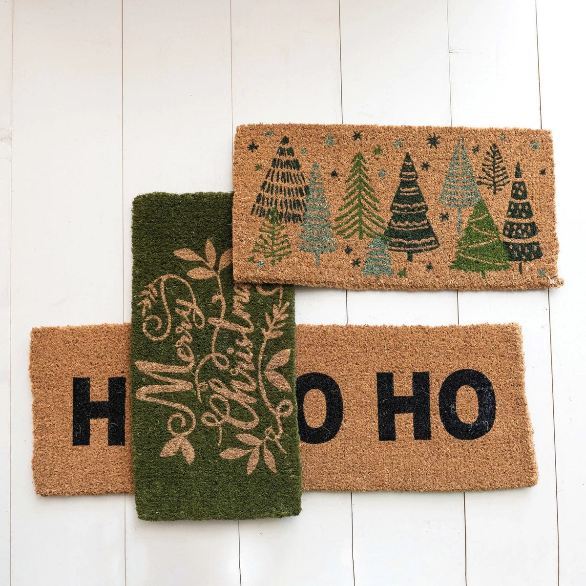 Creative Co-op Creative Co-op Natural Coir Doormat with Christmas Trees & Stars, Green & Black - Little Miss Muffin Children & Home